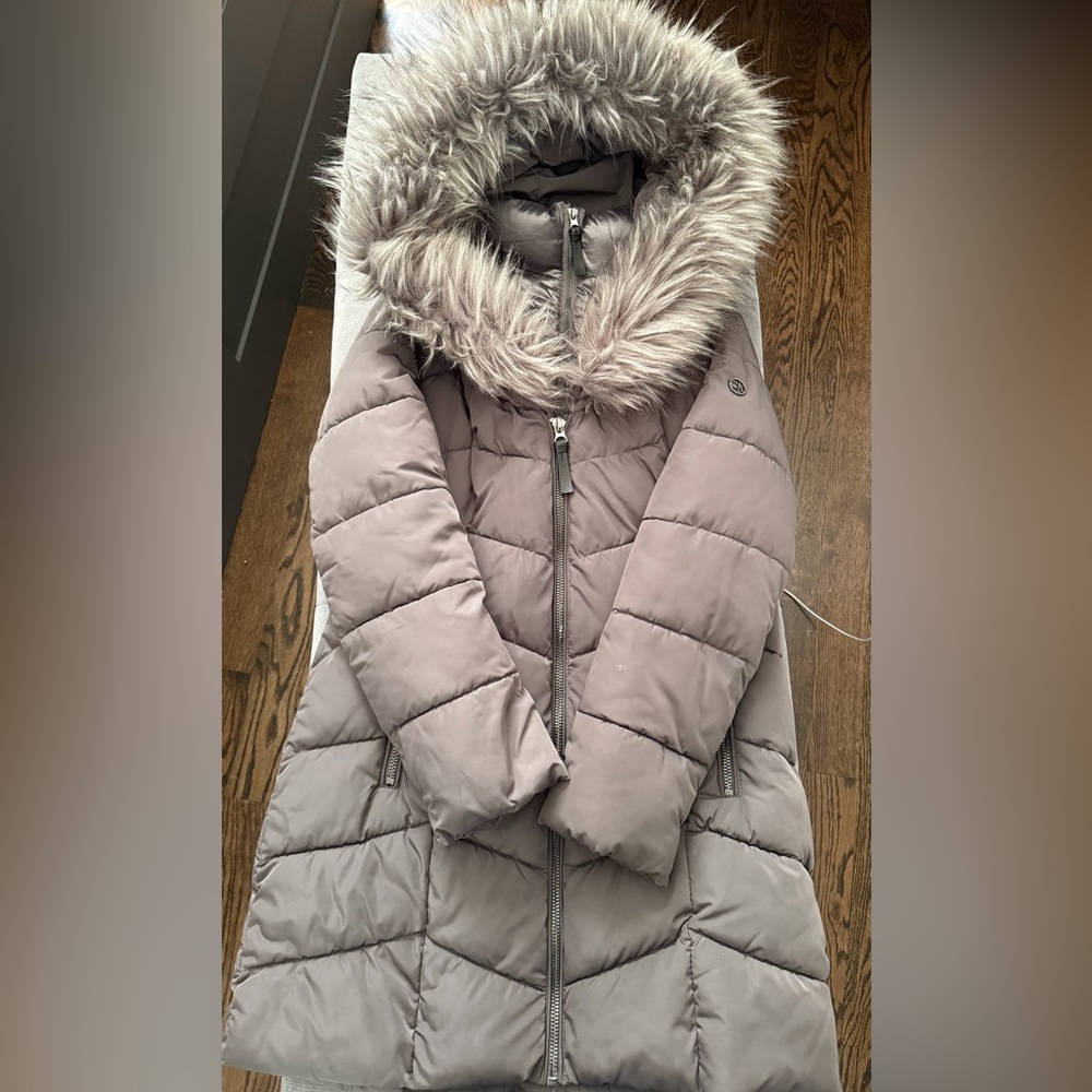 Calvin Klein Taupe Puffer Jacket with Faux Fur Trim